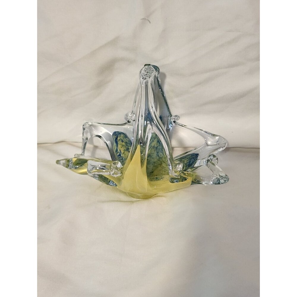 Vtg Murano Lavorazione Art Glass Basket Pink, Green & Yellow Swirl Made in Italy